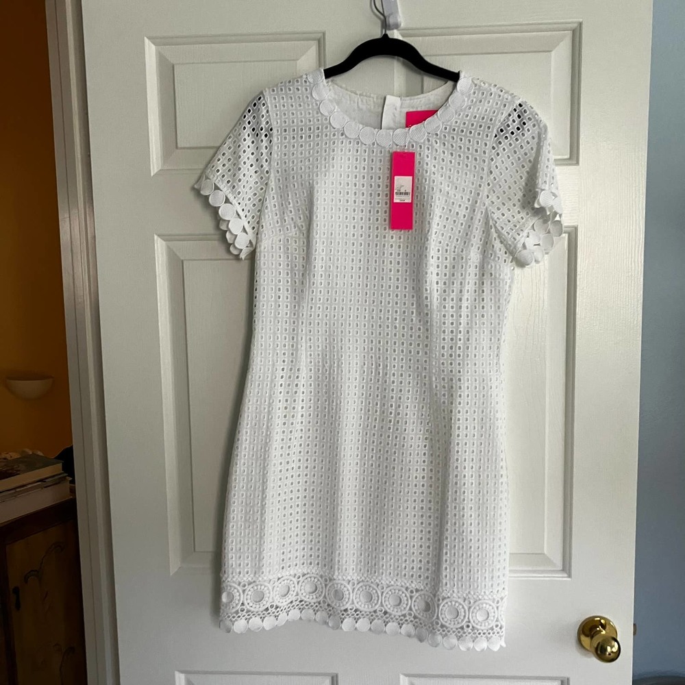 NWT Lilly Pulitzer Jennifer Shift Dress Resort White Grid Eyelet Size 12